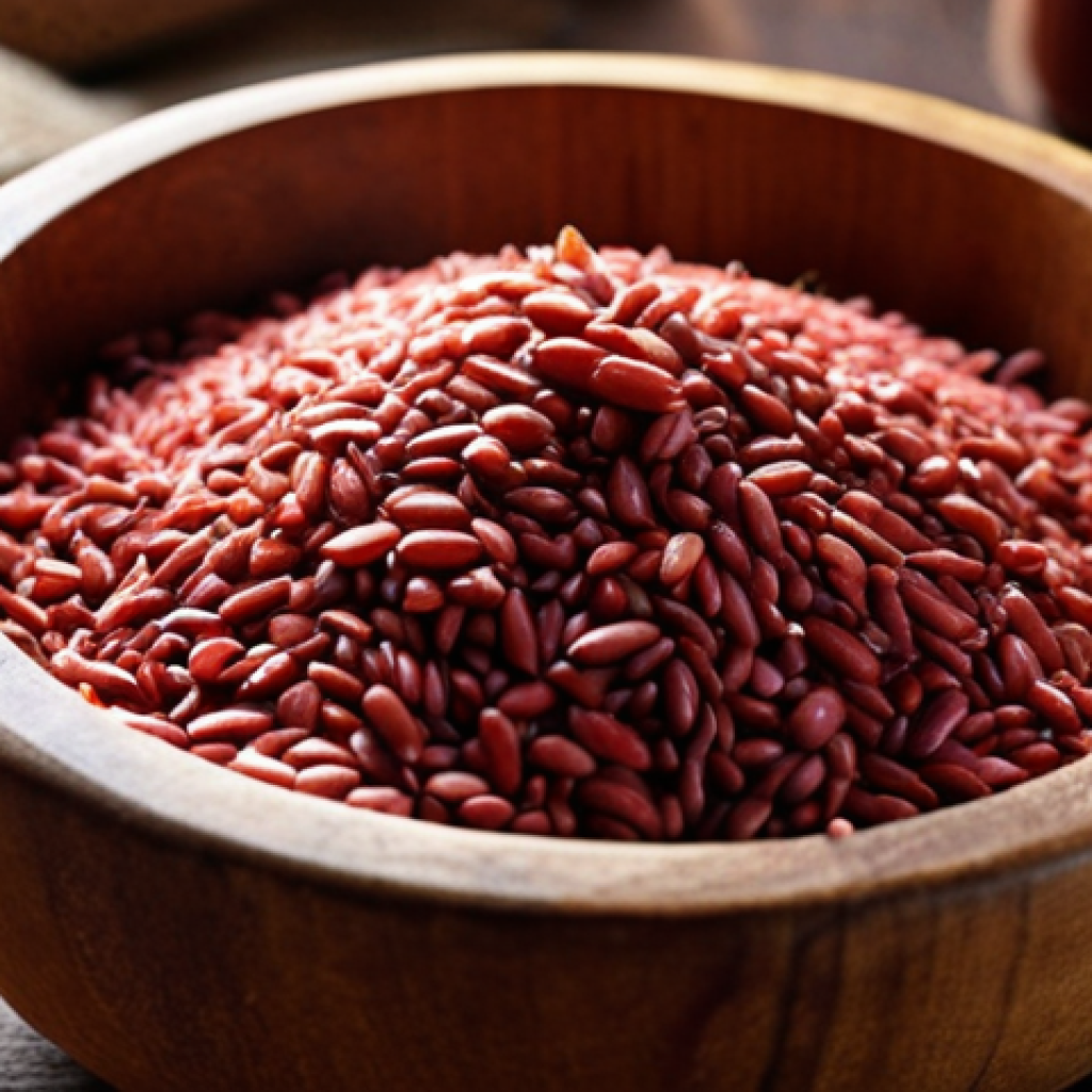 **

Prompt: Close-up shot of vibrant red-hued red yeast rice (angkak) grains in a rustic wooden bowl, showcasing the texture and color. Soft, diffused lighting. Focus on detail. Implies umami flavor and quality ingredients.

**