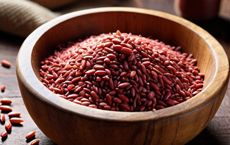 **
Prompt: Close-up shot of vibrant red-hued red yeast rice (angkak) grains in a rustic wooden bowl, showcasing the texture and color. Soft, diffused lighting. Focus on detail. Implies umami flavor and quality ingredients.
**
