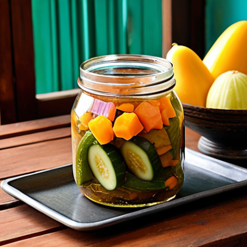 Home 6 The Vibrant Art of Pickling**
A close-up shot of a rustic wooden table displaying an inviting array of traditional Malaysian "Jeruk" (pickled fruits and vegetables). Feature a clear glass jar filled with brightly sliced young mangoes (jeruk mangga muda), their crisp texture visible, glistening under warm natural light. Alongside, showcase a bowl of vibrant pickled papaya (jeruk betik) or a small plate of "acar timun" (cucumber pickles), highlighting their rich, authentic colors. The background subtly hints at a traditional Malaysian kitchen or a bustling local market, evoking a sense of heritage and deliciousness.
**