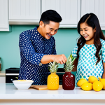 Family-Friendly Jem Making**

A family (mother, father, and two children) making pineapple jam together in a bright and clean kitchen. The mother is stirring a pot of jam on the stove, while the father and children are peeling and chopping pineapples. Jars are neatly arranged on the counter. Everyone is smiling and wearing modest, colourful Malaysian clothing (e.g., baju kurung, batik shirts). Safe for work, appropriate content, fully clothed, family-friendly, perfect anatomy, natural proportions, professional photography, high quality, well-lit, cheerful atmosphere.

**