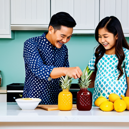 Family-Friendly Jem Making**

A family (mother, father, and two children) making pineapple jam together in a bright and clean kitchen. The mother is stirring a pot of jam on the stove, while the father and children are peeling and chopping pineapples. Jars are neatly arranged on the counter. Everyone is smiling and wearing modest, colourful Malaysian clothing (e.g., baju kurung, batik shirts). Safe for work, appropriate content, fully clothed, family-friendly, perfect anatomy, natural proportions, professional photography, high quality, well-lit, cheerful atmosphere.

**