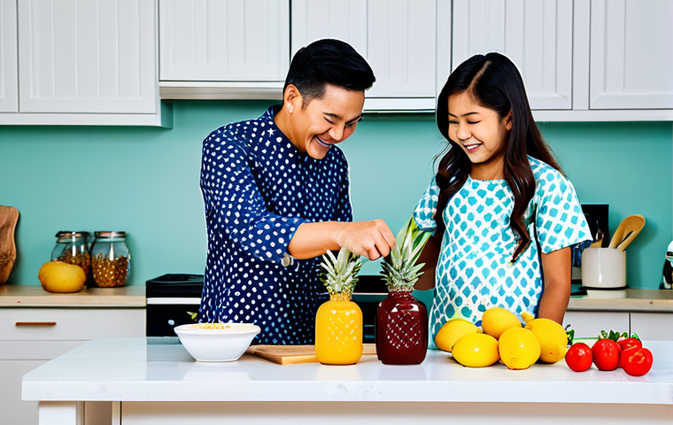 Family-Friendly Jem Making**

A family (mother, father, and two children) making pineapple jam together in a bright and clean kitchen. The mother is stirring a pot of jam on the stove, while the father and children are peeling and chopping pineapples. Jars are neatly arranged on the counter. Everyone is smiling and wearing modest, colourful Malaysian clothing (e.g., baju kurung, batik shirts). Safe for work, appropriate content, fully clothed, family-friendly, perfect anatomy, natural proportions, professional photography, high quality, well-lit, cheerful atmosphere.

**