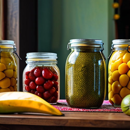 **Jeruk (Pickling):** A vibrant display of *jeruk* fruits and vegetables in glass jars on a wooden table. Focus on the colorful variety - mangoes, ambarella, starfruit, chilies. Background: a traditional Malay kitchen with batik cloth accents. Style: professional food photography, bright natural lighting, close-up shot. Include: "safe for work," "appropriate content," "fully clothed," "modest," "family-friendly," "perfect anatomy," "correct proportions," "natural pose."