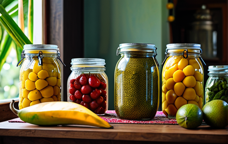 **Jeruk (Pickling):** A vibrant display of *jeruk* fruits and vegetables in glass jars on a wooden table. Focus on the colorful variety - mangoes, ambarella, starfruit, chilies. Background: a traditional Malay kitchen with batik cloth accents. Style: professional food photography, bright natural lighting, close-up shot. Include: "safe for work," "appropriate content," "fully clothed," "modest," "family-friendly," "perfect anatomy," "correct proportions," "natural pose."