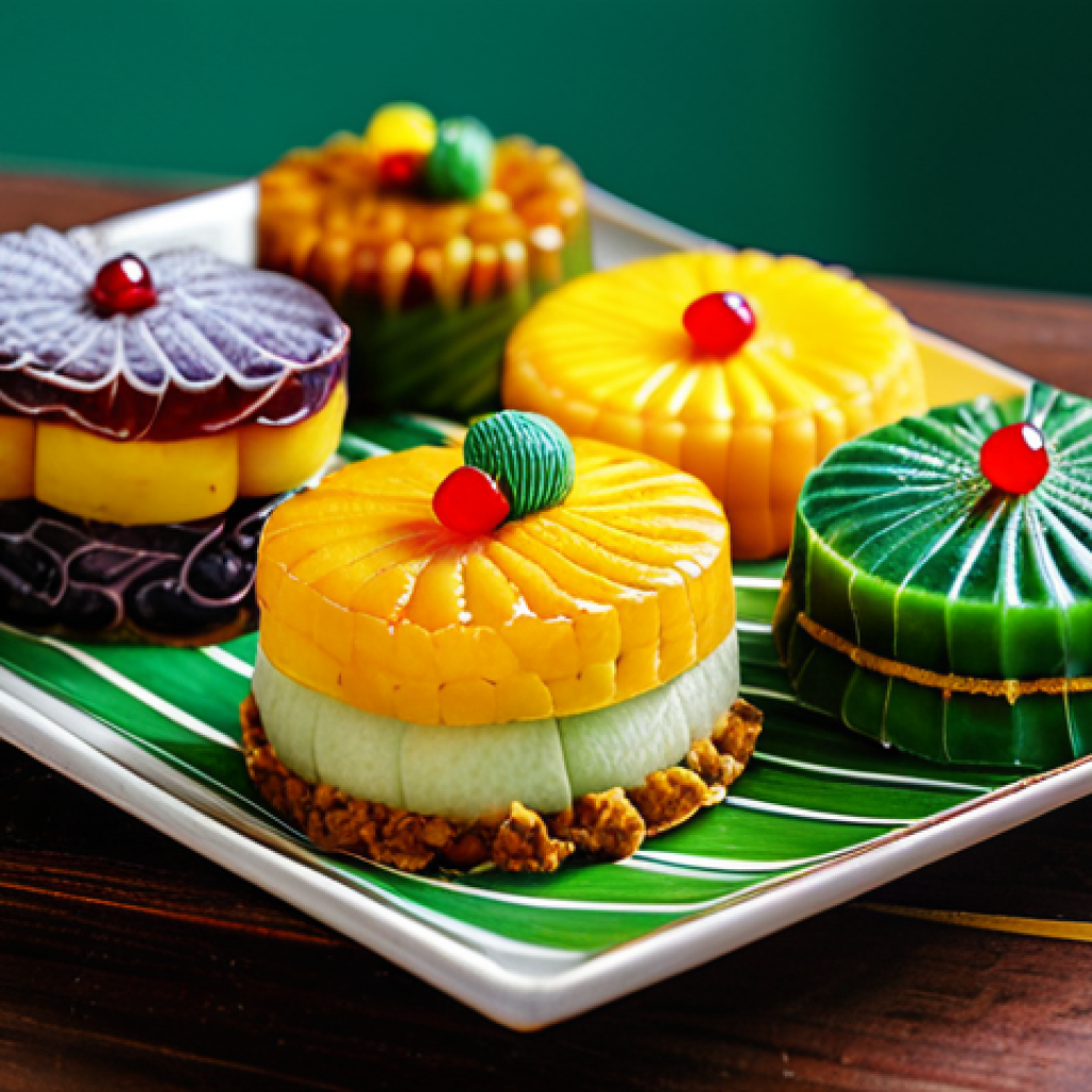 전통 보존 기법을 활용한 음식 문화 탐방 - A vibrant display of various Kuih Melayu (traditional Malay cakes) with colorful glazes and textures...