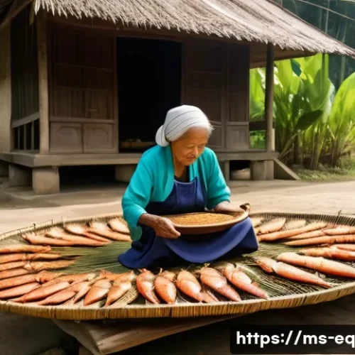 Home 28 우리나라의 전통 식재료 보존법 - A traditional Malaysian village scene under bright morning sunlight, showing an elderly woman spread...