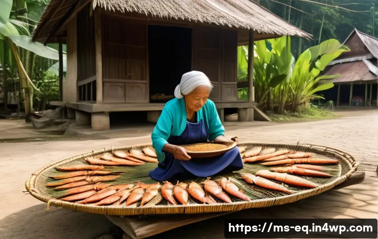 우리나라의 전통 식재료 보존법 - A traditional Malaysian village scene under bright morning sunlight, showing an elderly woman spread...