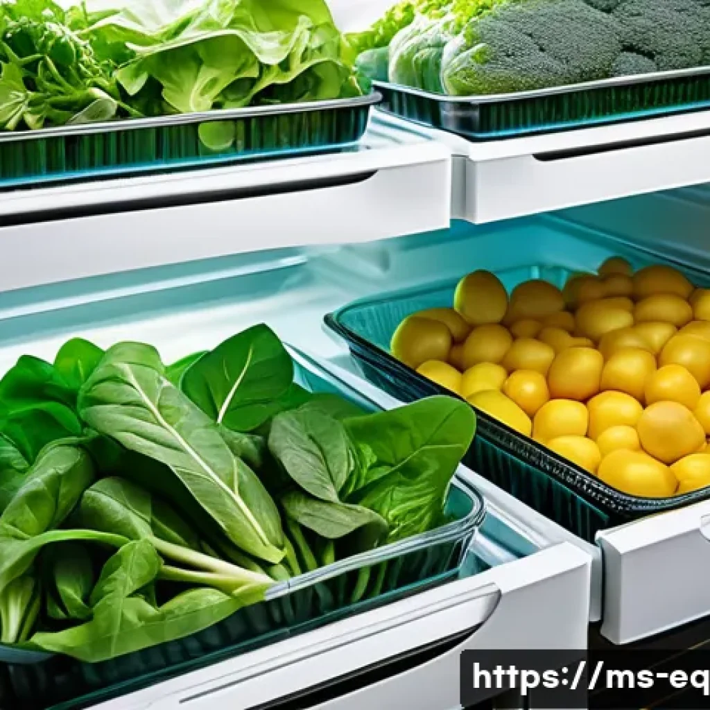 식재료 보존법에 따른 맛의 변화 - A detailed kitchen refrigerator drawer scene showing fresh leafy vegetables like spinach and mustard...