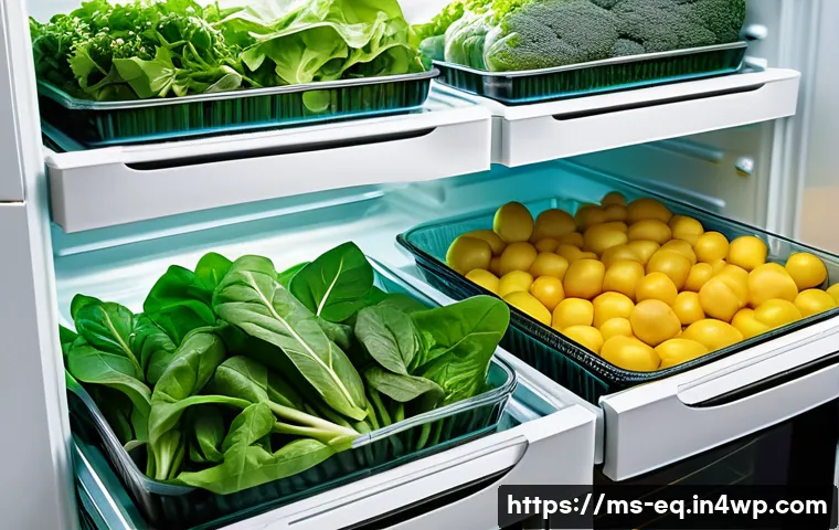 식재료 보존법에 따른 맛의 변화 - A detailed kitchen refrigerator drawer scene showing fresh leafy vegetables like spinach and mustard...