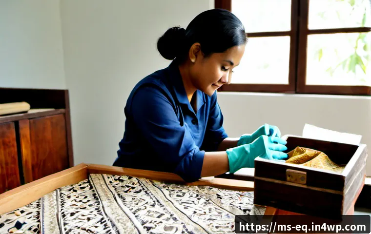 Home 17 과거와 현재를 잇는 보존 기법 연구 - Photorealistic museum conservation laboratory in Malaysia, a Malay heritage conservator wearing glov...