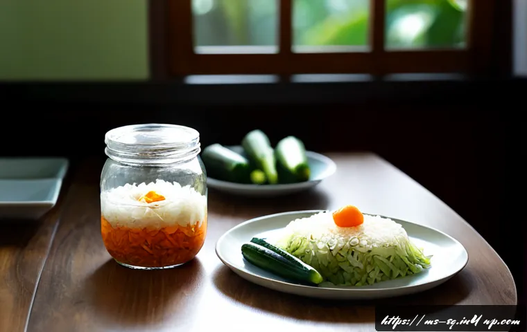 Home 17 발효 채소의 다양한 활용법 - Photorealistic Malaysian home kitchen scene, a clear glass jar of fermented vegetables beside a vibr...