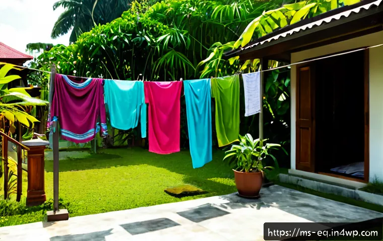 Home 17 전통 바람 건조법의 장점 - Photorealistic Malaysian family home courtyard, freshly washed colorful clothing hanging on a simple...